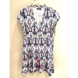 LA PLAGE Womens Dress Size L Blue Pink Ikat Print Tassel Short Sleeve V Neck